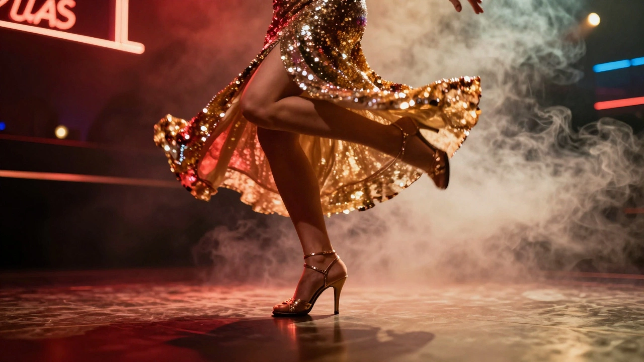 A 1950s dancer spinning dramatically in stiletto heels under neon club lights.