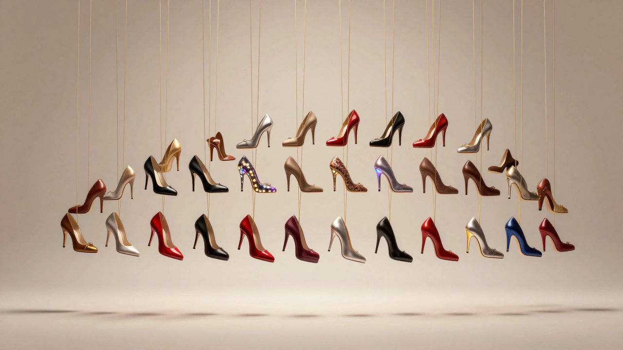 A collection of historically styled stripper heels suspended in air, representing decades of evolution.