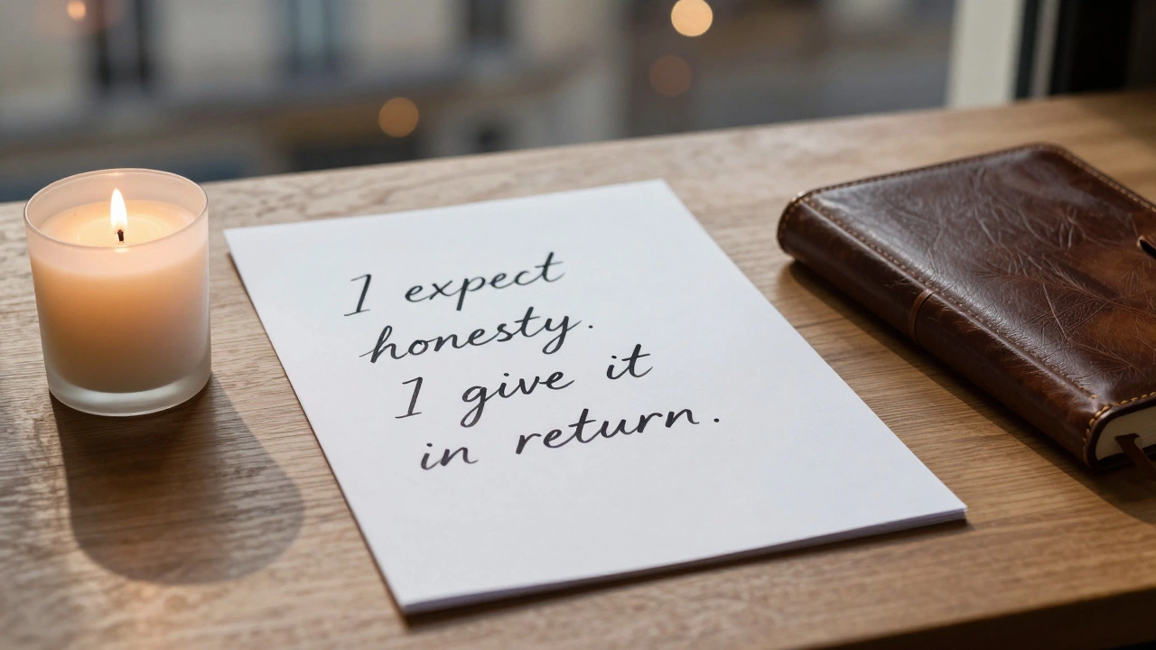 A handwritten note on a table with a candle, reading &#039;I expect honesty. I give it in return.&#039;